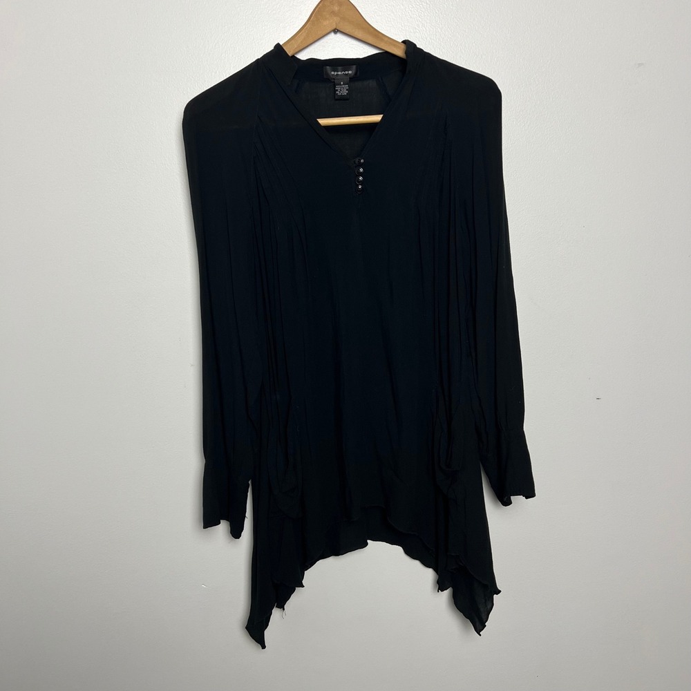 Spense Women's Black V Neck Button Detail Long Sleeve High Low Tunic Top Size S